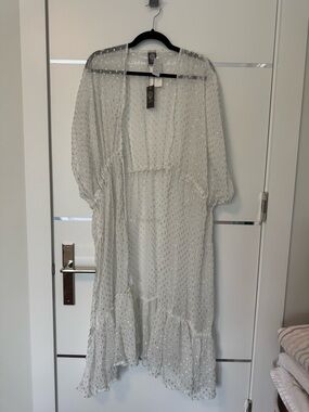Sheer White Dotted Long Cover Dress